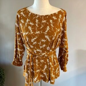 Anthropologie Boho peplum belted top / blouse 3/4 cuff sleeve camel ivory XS